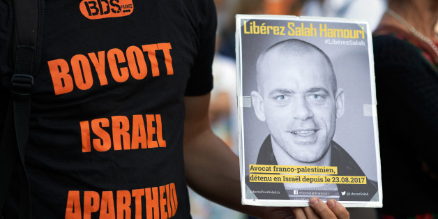 Members of NGOs, trade unionists, activists gathered in Toulouse for the release of Salah Hamouri. Salah Hamouri is a French-Palestinian lawyer who was put in administrative detention in Israël since August 23th. Activists of the BDS (Boycott, Divestment, Sanction) against the Israeli policies were also there. Toulouse. September 8th 2017. (Photo by Alain Pitton/NurPhoto via Getty Images)