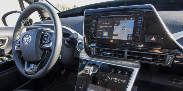 The interior of Toyota Motor Corp Mirai fuel-cell sedan is seen during a test drive event in San Francisco, California, U.S., on Friday, Nov. 13, 2015. The Mirai, which means future in Japanese, is an electric vehicle that uses hydrogen fuel-cell technology to charge its battery and will retail for $57,500 before incentives. Photographer: David Paul Morris/Bloomberg via Getty Images