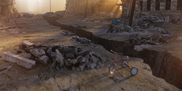 ruins of a city with a crack in the street. 3d illustration concept