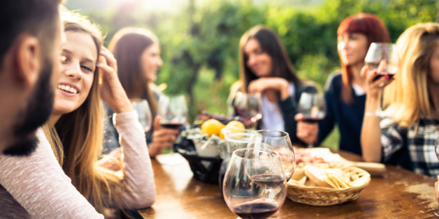 friends toasting with red wine after the harvesting