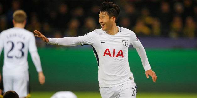 Soccer Football - Champions League - Borussia Dortmund vs Tottenham Hotspur - Signal Iduna Park, Dortmund, Germany - November 21, 2017 Tottenham's Son Heung-min celebrates scoring their second goal REUTERS/Wolfgang Rattay