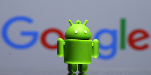 A 3D printed Android mascot Bugdroid is seen in front of a Google logo in this illustration taken July 9, 2017. Picture taken July 9, 2017. REUTERS/Dado Ruvic/Illustration