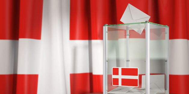 Ballot box with flag of Denmark and voting papers. Danish presidential or parliamentary election. 3d illustration