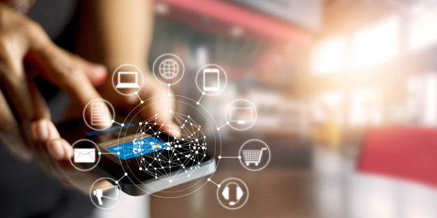 Man using mobile payments online shopping and icon customer network connection on screen, m-banking and omni channel