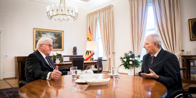 BERLIN, GERMANY - NOVEMBER 23: In this handout photo provided by the German Government Press Office (BPA), German President Frank-Walter Steinmeier (L) meets President of Germany's Bundestag Wolfgang Schauble (R) in his office over the future of the next German government at Schloss Bellevue presidential palace on November 23, 2017 in Berlin, Germany. Following German federal elections last September Martin Schulz, Chairman of the German Social Democrats (SPD) had vowed that the SPD would not join the Christian Democrats (CDU/CSU) in another grand coalition, though the recent failure of coalition talks between the CDU/CSU, the Greens Party and the Free Democrats (FDP) is leading to increasing pressure, both from within the SPD and without, on Schulz to reconsider. (Photo by Steffen Kugler/Bundesregierung via Getty Images)