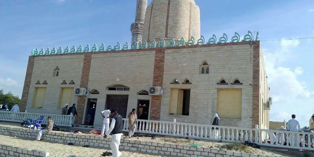 View of the Rawda mosque, roughly 40 kilometres west of the North Sinai capital of El-Arish, after a gun and bombing attack, on November 24, 2017.
A bomb explosion ripped through the mosque before gunmen opened fire on the worshippers gathered for weekly Friday prayers, officials said.
/ AFP PHOTO / STRINGER (Photo credit should read STRINGER/AFP/Getty Images)