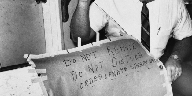 Captain Don Townsend displays door of auto belonging to stabbing victim Bryan Hartnell, 20, of Troutdale Oregon on which his attacker supposedly wrote three dates wh ich matched the days on which this or two other attacks occurred - the latter two in Fallejo, Calif. Hartnell and a girlfriend, Cecilia Shepard, 22, of Loma Linda, Calif, were stabbed at Lake Berryyssa 9/27. The girl died 9/29 and Hartnell is in serious condition.