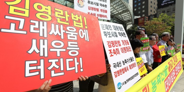 한국농축산연합회 관계자들이 9월26일 오후 서울 중구 서울중앙우체국 앞에서 '부정청탁 및 금품 등 수수의 금지에 관한 법률'(김영란법) 토론회 관련 의견제시 기자회견을 갖고 김영란법 개정을 촉구하고 있다.