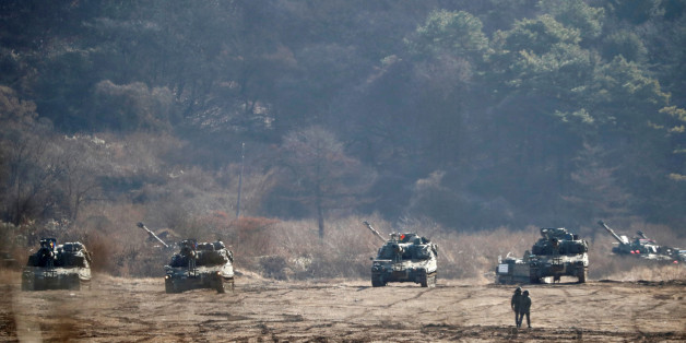 The South Korean army's K-55 self-propelled artillery vehicles take part in a military exercise near the demilitarised zone separating the two Koreas in Paju, South Korea, November 29, 2017. REUTERS/Kim Hong-Ji