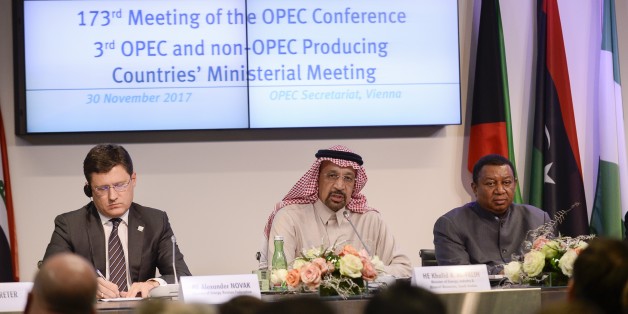 VIENNA, AUSTRIA - NOVEMBER 30: Secretary General of OPEC, Mohammed Barkindo (R), Russia Energy Minister Alexander Novak (L), Saudi Arabia's Minister of Energy, Industry and Mineral Resources, Khalid Al-Falih (C) hold a joint press conference during the 173rd Ordinary Meeting of the Organisation of Petroleum Exporting Countries (OPEC) in Vienna, Austria on November 30, 2017. (Photo by Omar Marques/Anadolu Agency/Getty Images)