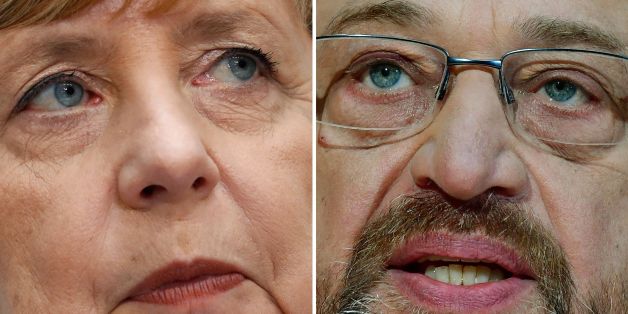 (COMBO) - This combination created on December 1, 2017 of file pictures shows German Chancellor Angela Merkel (L, September 25, 2017 in Berlin) and Martin Schulz, leader of Germany's social democrat SPD party (November 27, 2017 in Berlin).Chancellor Angela Merkel held talks on November 30, 2017 with Social Democrat chief Martin Schulz hoping to end Germany's political stalemate, but the atmosphere has already been poisoned by disobedience within her ranks. / AFP PHOTO / Odd ANDERSEN AND Tobias S