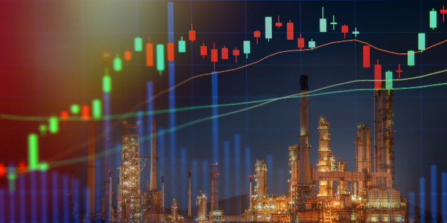 Stock market concept with oil refinery industry background,Double exposure.