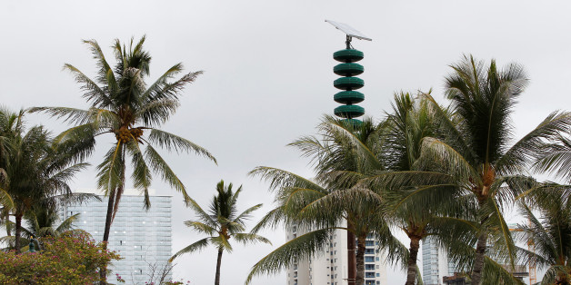A tsunami warning tower is seen nestled in between palm trees at Kakaako Waterfront Park in Honolulu, Hawaii, November 28, 2017. REUTERS/Marco Garcia