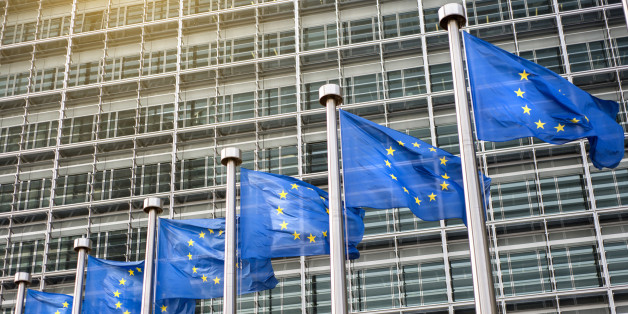 European Union flags in front of the Berlaymont building (European commission) in Brussels, Belgium.