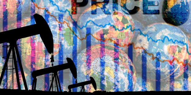 silhouette industrial oil pump jack and falling oil graph on the blue globe background with the word oil price, oil price falling crisis concept