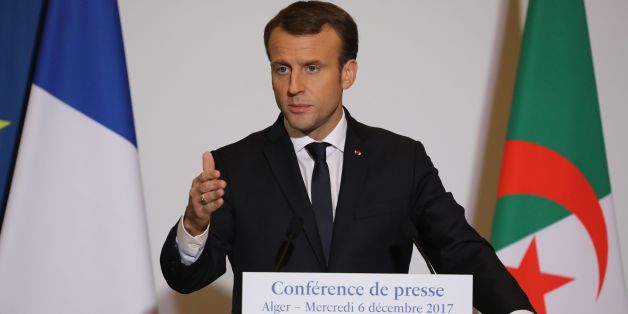 French President Emmanuel Macron holds a press conference at the El Aurassi hotel in Algiers on December 6, 2017. / AFP PHOTO / LUDOVIC MARIN (Photo credit should read LUDOVIC MARIN/AFP/Getty Images)