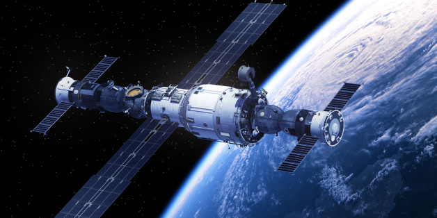 Space Station Orbiting Planet Earth. 3D Illustration.