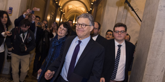UNITED STATES - DECEMBER 07: Sen. Al Franken, D-Minn., and his wife Franni, leave the Capitol on December 7, 2017, after Franken announced on the Senate floor that he will resign his seat in the wake of sexual harassment allegations. (Photo By Tom Williams/CQ Roll Call)