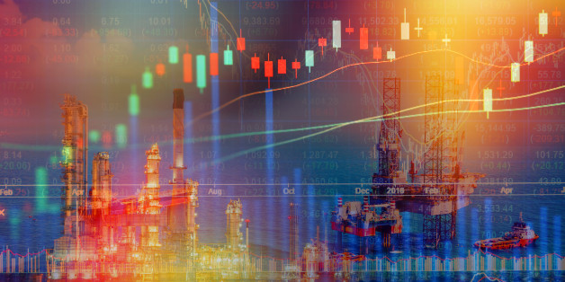 Energy crisis concept with oil rig and oil refinery industry background,Double exposure.