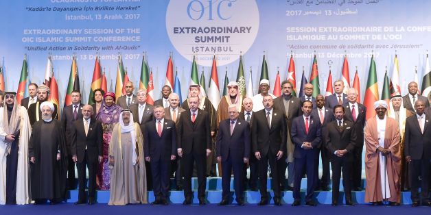 Leaders and representatives of member states pose for a group photo during an Extraordinary Summit of the Organisation of Islamic Cooperation (OIC) on last week's US recognition of Jerusalem as Israel's capital, on December 13, 2017 in Istanbul. / AFP PHOTO / YASIN AKGUL (Photo credit should read YASIN AKGUL/AFP/Getty Images)