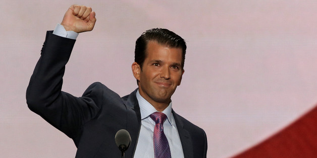 Donald Trump Jr. thrusts his fist after speaking at the 2016 Republican National Convention in Cleveland, Ohio U.S. July 19, 2016. REUTERS/Mike Segar