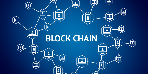 Blockchain network concept , Distributed ledger technology , Block chain text and computer connection with blue background