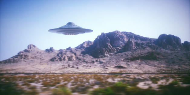 3D illustration with photography. Alien spaceship flying with panning effect.
