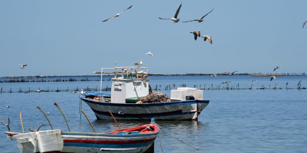 A picture taken on April 15, 2016 shows fishing boats moored along the coast of the Tunisian island of Kerkennah. / AFP / FETHI BELAID (Photo credit should read FETHI BELAID/AFP/Getty Images)