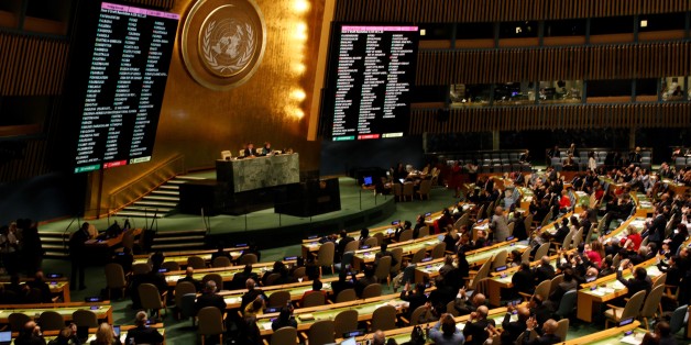 NEW YORK, USA - DECEMBER 21: The voting results are displayed on a screen during the emergency special session over Jerusalem held by UN General Assembly in New York, United States on December 21, 2017. Members has voted 128-9 to declare the United States' recognition of Jerusalem as Israel's capital null and void. (Photo by Atilgan Ozdil/Anadolu Agency/Getty Images)