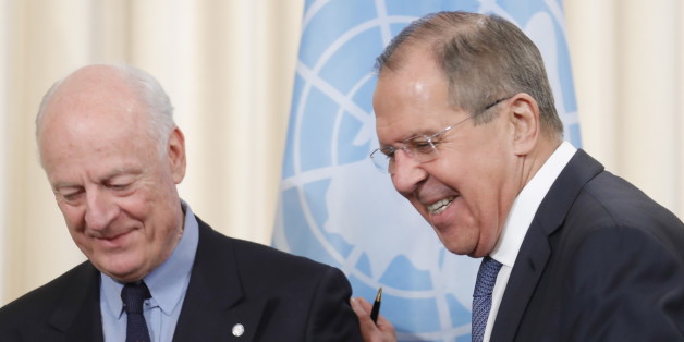 MOSCOW, RUSSIA DECEMBER 21, 2017: United Nations Special Envoy for Syria Staffan de Mistura (L) and Russian Foreign Minsiter Sergei Lavrov give a joint news conference following talks to discuss the Syrian peace process. Mikhail Japaridze/TASS (Photo by Mikhail Japaridze\TASS via Getty Images)