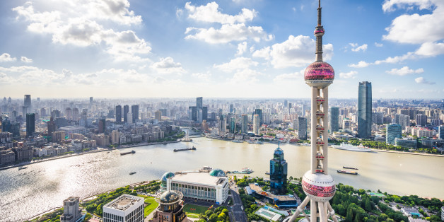Aerial view of modern skyscrapers in Shanghai.