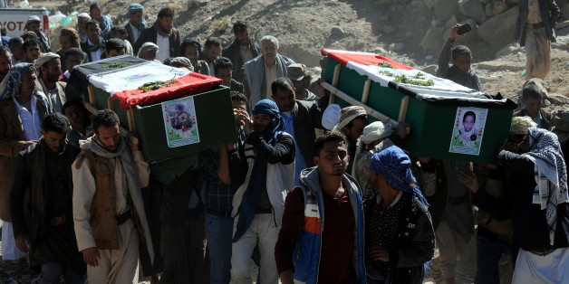 SANAâA, YEMEN â DECEMBER 26: People carry coffins of 11-members from one family after they were killed by airstrikes carried out by the Saudi-led coalition hit their house on Monday leaving the nine members including five children killed on December 26, 2017 in Sanaâa, Yemen. The Houthi-run Saba news agency reported that at least 71 civilians, including 11 children, were killed in Yemen in 51 airstrikes carried out by the Saudi Arabia-led military coalition across the country over