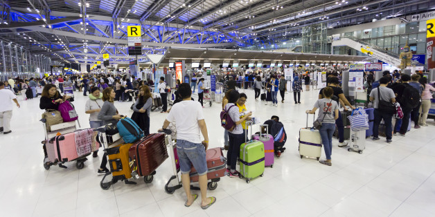 Bangkok, Thailand - March 15, 2017: Suvarnabhumi International Airport departure hall, also known as Bangkok International Airport, is one of two international airports serving Bangkok, Thailand. The airport is one of the biggest international airports in Southeast Asia and a regional hub for aviation.