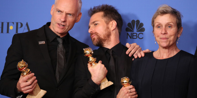 75th Golden Globe Awards â Photo Room â Beverly Hills, California, U.S., 07/01/2018 â Martin McDonagh (L), winner for Best Screenplay - Motion Picture, Sam Rockwell, winner for Best Performance By An Actor In A Supporting Role In Any Motion Picture, and Frances McDormand, winner for Best Performance By An Actress In A Motion Picture - Drama, pose backstage after also winning the award for Best Motion Picture - Drama for "Three Billboards Outside Ebbing, Missouri." REUTERS/Lucy Nic