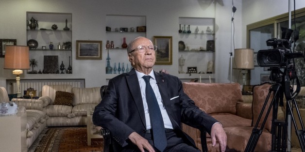 In December 22nd, 2014: a few hours after the announcement of the preliminary results giving a wide victory, with 11 points beforehand, to the candidate for the presidential election B��ji Caid Essebsi receives in its home the Tunisian national television channel for its first speech to the Tunisian people. EXCLU (Photo by Nicolas Fauqu��/Corbis via Getty Images)