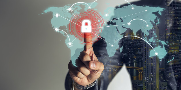 double exposure, businessman is touching scan identity to open hologram and unlock data online global to link viral information, cybersecurity technology background.