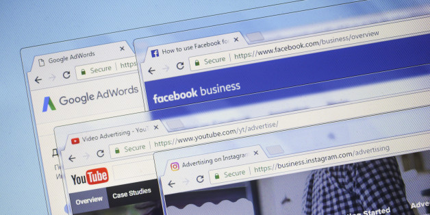 Websites (marketing and advertisment homepages) of most popular websites in the world - Facebook, Google, YouTube and Instagram on a computer screen.