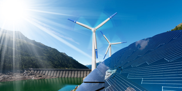 Renewable Energy - Sunlight with solar panel. Wind with wind turbines. Rain with dam for hydropower