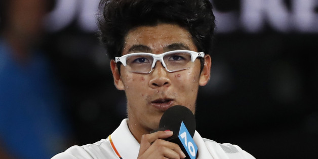 Tennis - Australian Open - Rod Laver Arena, Melbourne, Australia, January 22, 2018. Chung Hyeon of South Korea speaks after winning against Novak Djokovic of Serbia. REUTERS/Issei Kato