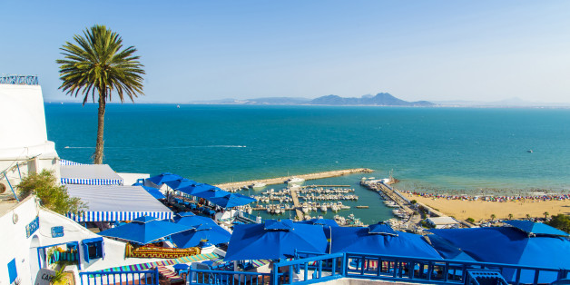 The view from a famous cafe and restaurant in Sidi Bou Said.Sidi Bou Said is a town in northern Tunisia located about 20 km from the capital, Tunis. The town itself is a tourist attraction and is known for its extensive use of blue and white.