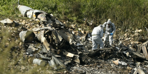 A picture taken in the northern Israeli Kibbutz of Harduf on February 10, 2018, shows the remains of an Israel F-16 that crashed after coming under fire by Syrian air defences during attacks against 'Iranian targets' in the war-torn country. / AFP PHOTO / Jack GUEZ (Photo credit should read JACK GUEZ/AFP/Getty Images)