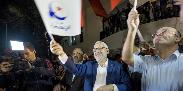 In October 27th, 2014: to the appeal of the party Ennahdha, several hundred activists met after the elections in front of the siege of the party. The leaders of the party thanked the activists for their commitment and for recognizing the defeat by the elections. Rached Ghannouchi, president of the Islamist party thanked the activists in his speech and recognized the defeat. (Photo by Nicolas Fauqu��/Corbis via Getty Images)