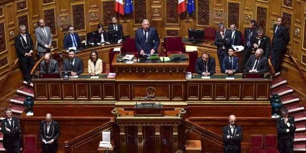 French Senate President, Gerard Larcher (Top C) delivers a speech after being re-elected for a new mandate during the opening of the 2017-2018 ordinary session on October 2, 2017 at the Senate building in Paris. / AFP PHOTO / CHRISTOPHE ARCHAMBAULT (Photo credit should read CHRISTOPHE ARCHAMBAULT/AFP/Getty Images)