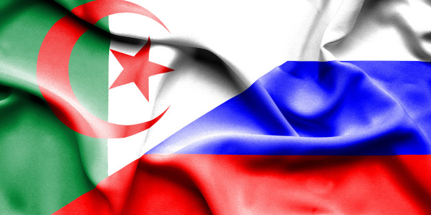 Waving flag of Russia and Algeria