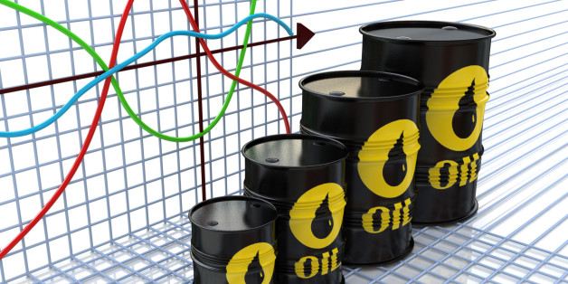 One row of oil barrels and a financial chart on background (3d render) in the design of the information related to the economy