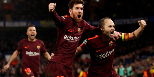 Soccer Football - Champions League Round of 16 First Leg - Chelsea vs FC Barcelona - Stamford Bridge, London, Britain - February 20, 2018 Barcelonaâs Lionel Messi celebrates scoring their first goal with Andres Iniesta Action Images via Reuters/Andrew Boyers TPX IMAGES OF THE DAY