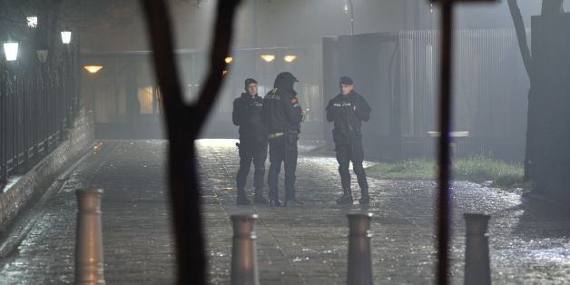 Police block off the area around the US Embassy in Montenegro's capital Podgorica on February 22, 2018.An unknown attacker blew themself up after throwing a suspected grenade into the embassy compound in Podgorica, the Montenegrin government said Thursday. 'In front of the @USEmbassyMNE building in #Podgorica, #Montenegro an unknown person committed suicide with an explosive device. Immediately before, that person threw an explosive device,' the official government account tweeted, adding that t