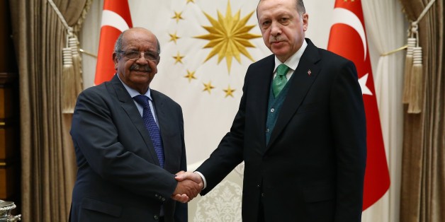 ANKARA, TURKEY - FEBRUARY 22: President of Turkey Recep Tayyip Erdogan (R) receives Algerian Foreign Minister Abdelkader Messahel (L) at Presidential Complex in Ankara, Turkey on February 22, 2018. Minister of Foreign Affairs of Turkey Mevlut Cavusoglu also attended the meeting. (Photo by Kayhan Ozer/Anadolu Agency/Getty Images)