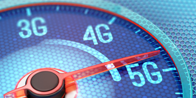 Ultrafast 5G wireless network on display of speedometer. 3D illustration.