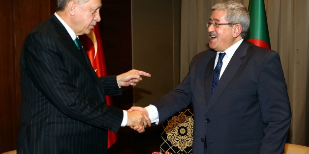 ALGIERS, ALGERIA - FEBRUARY 26: President of Turkey Recep Tayyip Erdogan (L) shakes hands with Prime Minister of Algeria Ahmed Ouyahia (R) during their meeting in Algiers, Algeria on February 26, 2018. (Photo by Kayhan Ozer/Anadolu Agency/Getty Images)